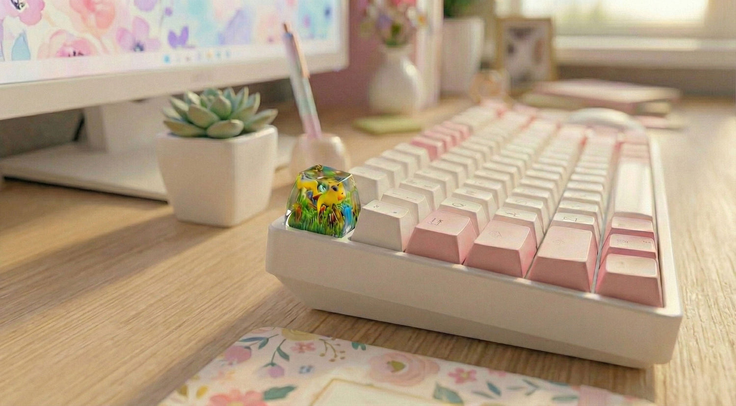 A mechanical keyboard on a real desk with an artisan keycap on the ESC key, showing a relatable beginner mistake in keycap collecting.