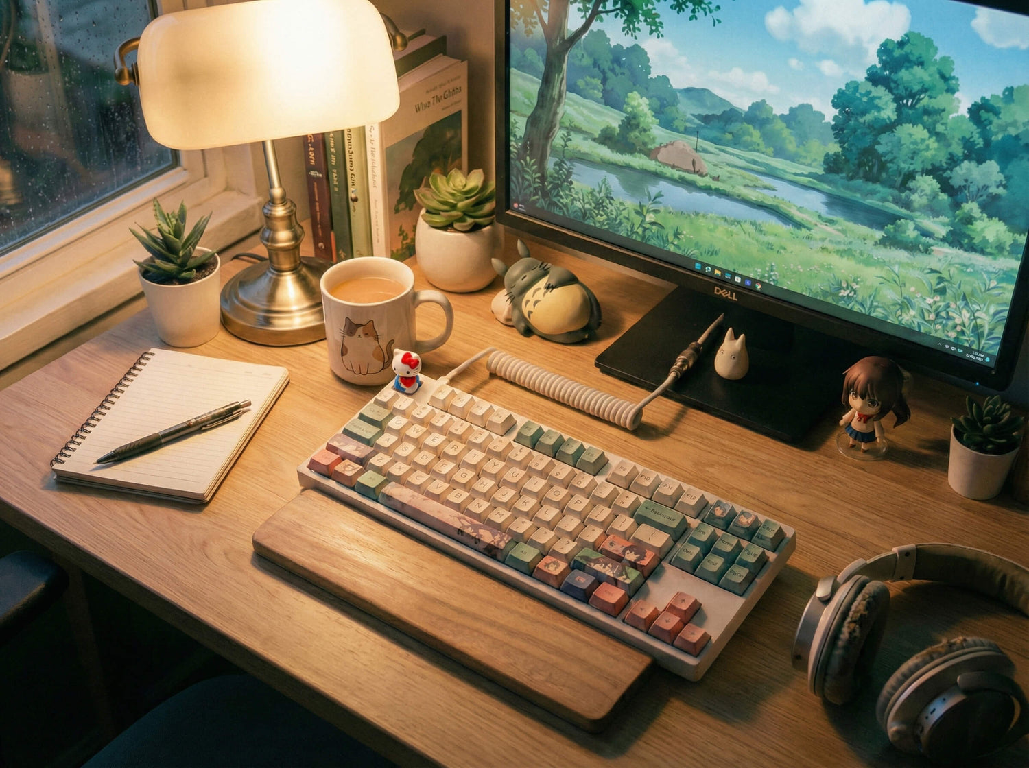 A cozy personal desk with soft lighting and a hint of cute decor.