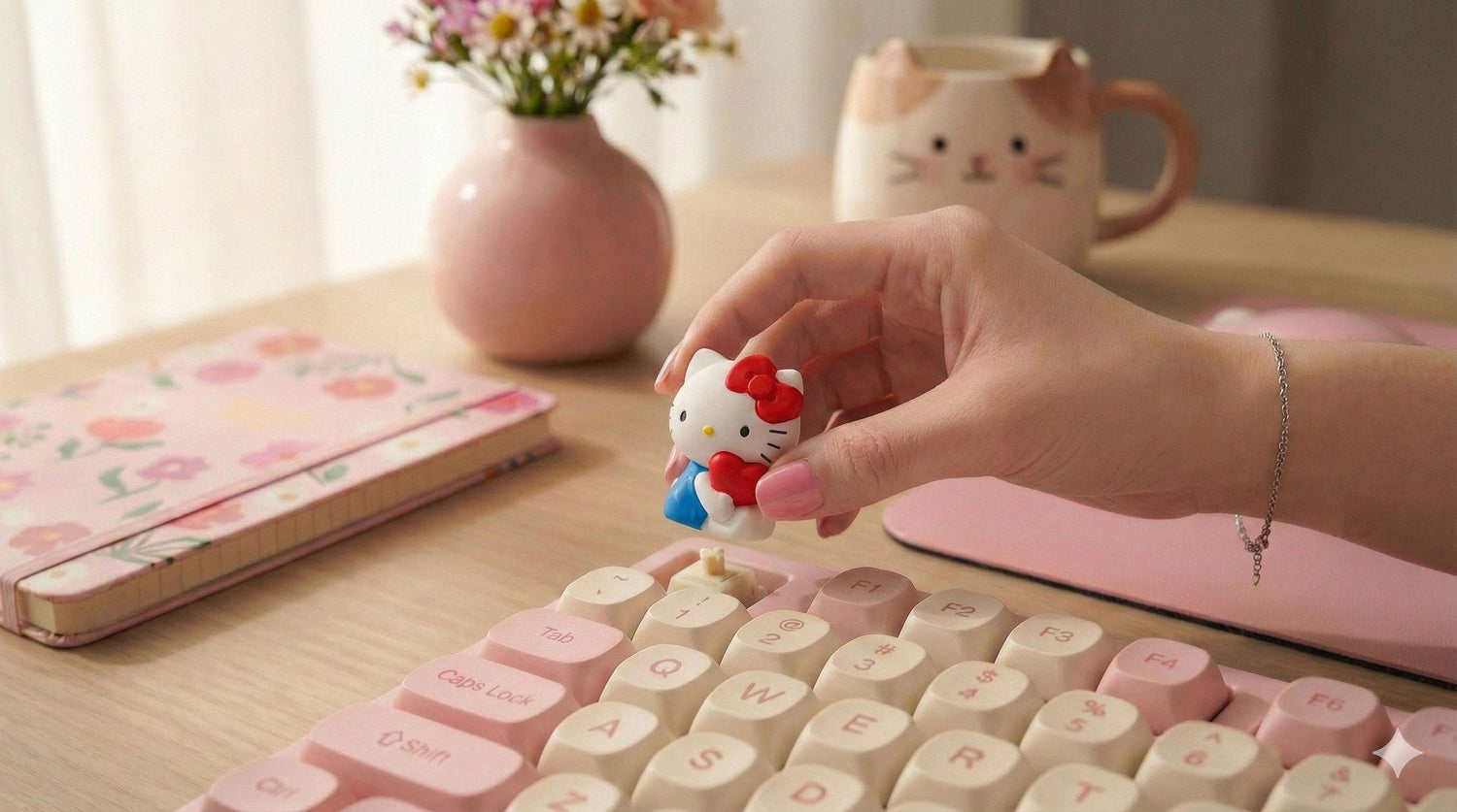 A hand holding an artisan keycap above a mechanical keyboard, captured at the moment before installation, reflecting how to tell if an artisan keycap is good quality in real use