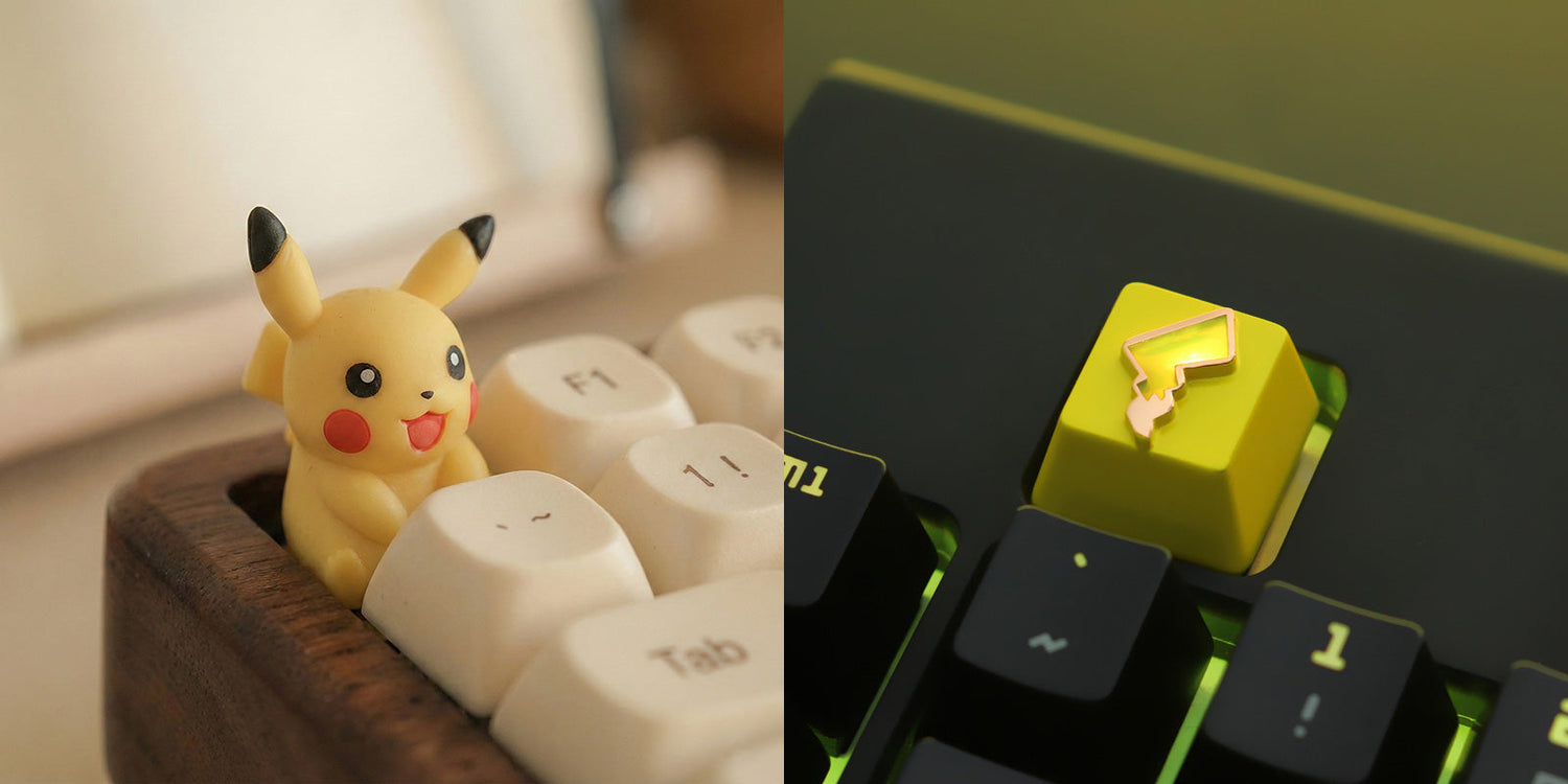 Comparison of a 3D sculpted Pikachu resin artisan keycap and a metal artisan keycap with a Pikachu lightning symbol, both installed on a keyboard to show how different materials reveal quality.