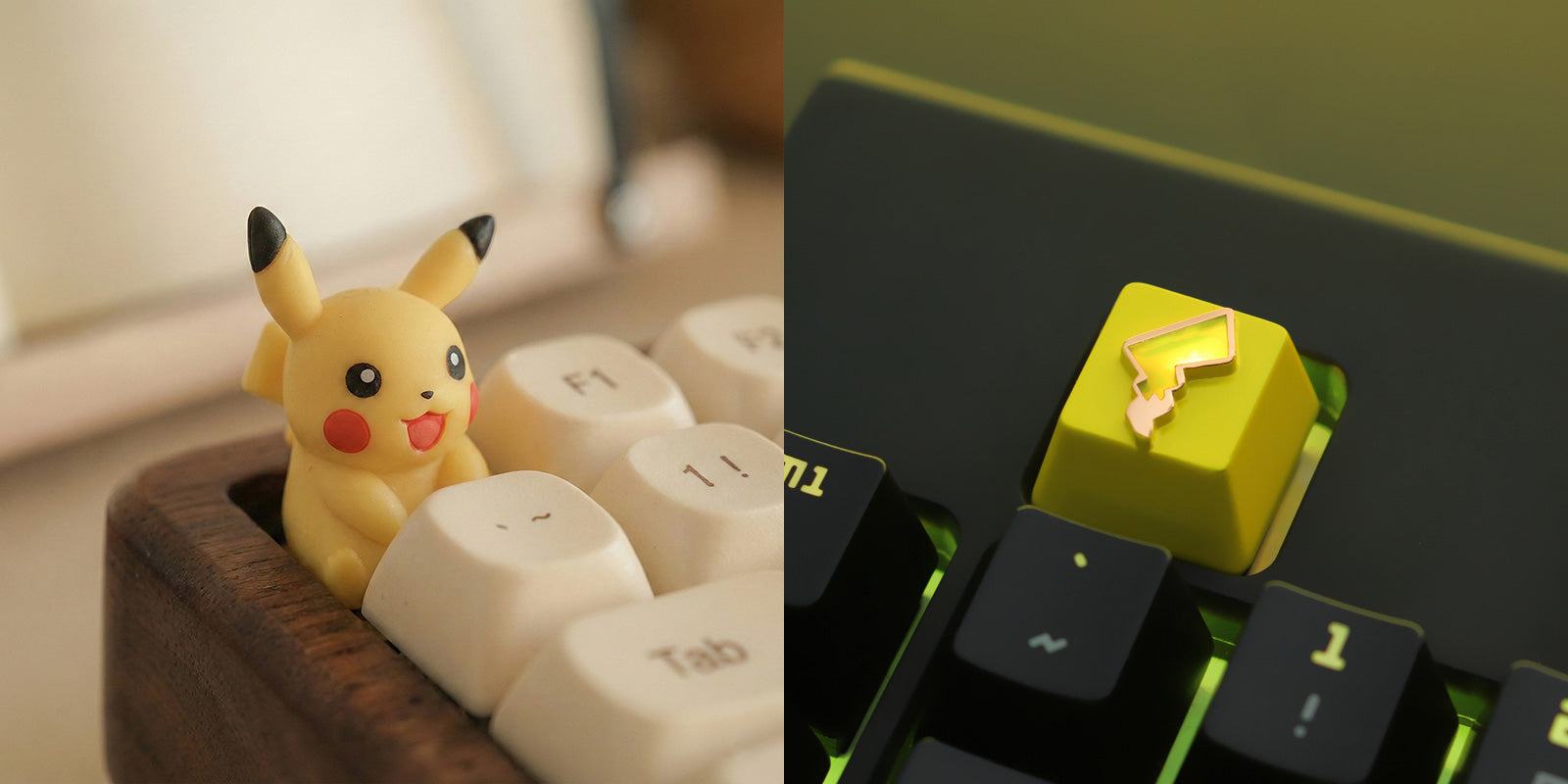Comparison of a 3D sculpted Pikachu resin artisan keycap and a metal artisan keycap with a Pikachu lightning symbol, both installed on a keyboard to show how different materials reveal quality.